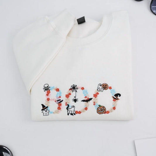 BOO Halloween Custom Hoodie - Embroidered Spooky Floral Design - Halloween Party Gift
