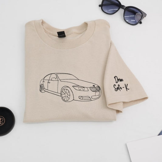 Car Outline Custom T-Shirt - Minimalist Auto Embroidered Shirt - Perfect Car Lover Gift