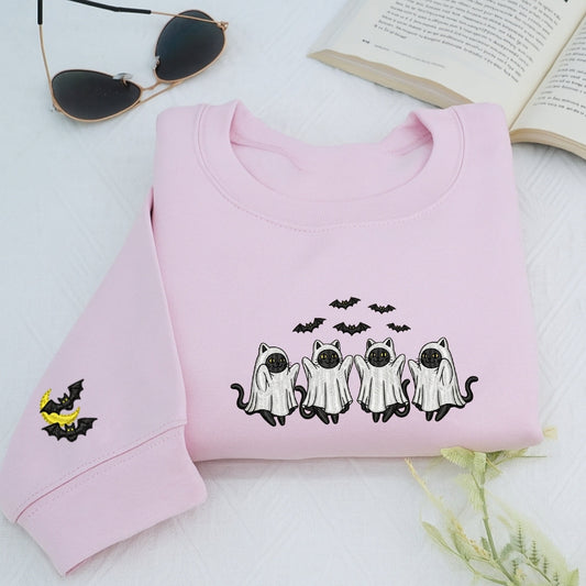 Cat Ghost Halloween Hoodie - Pet Lover Embroidered Sweatshirt - Perfect Cat Mom Halloween Gift