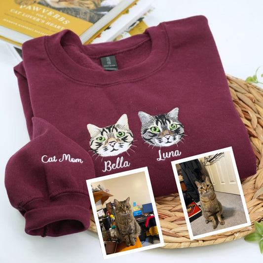 Cat Mom Portrait Sweatshirts - Custom Cat Names Embroidered Crewneck - Cat Parent Apparel