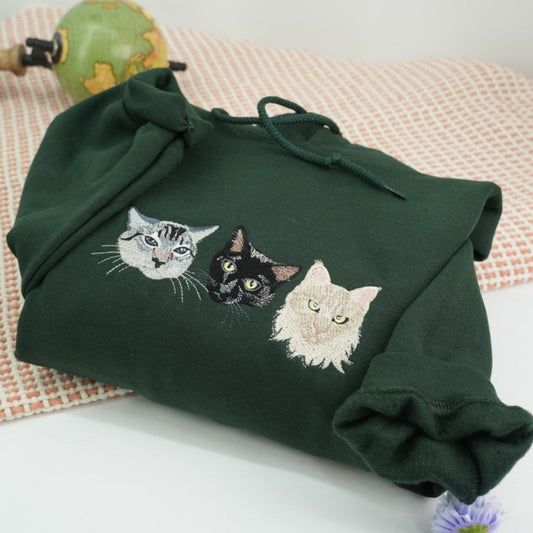 Cat Mom Portrait Sweatshirts - Custom Cat Names Embroidered Crewneck - Cat Parent Apparel