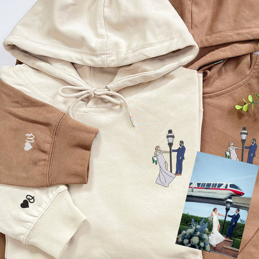 Custom Embroidered Full-Color Portrait Hoodie, Personalized Couple Portrait Sweatshirt, Unique Couple Gift