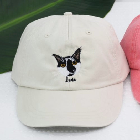 Custom Cat Portrait Hats - Pet Face Embroidered Caps - Personalized Cat Lover Gift