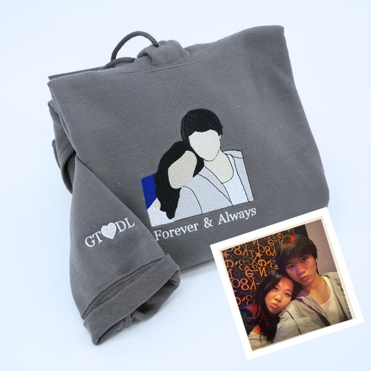 Custom Full Color Embroidered Couple Portrait Hoodie – Personalized Sweatshirt from Your Photo with Custom Date – Engagement or Anniversary Gift