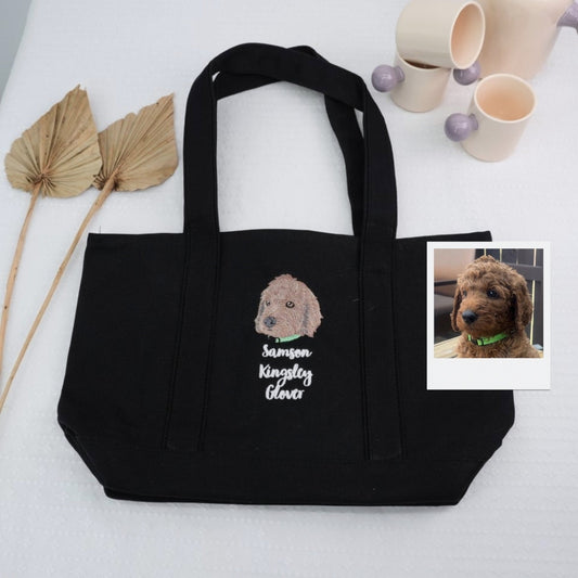 Custom Pet Portrait Tote Bags - Dog Photo Embroidered Canvas Bag - Personalized Dog Mom Gift