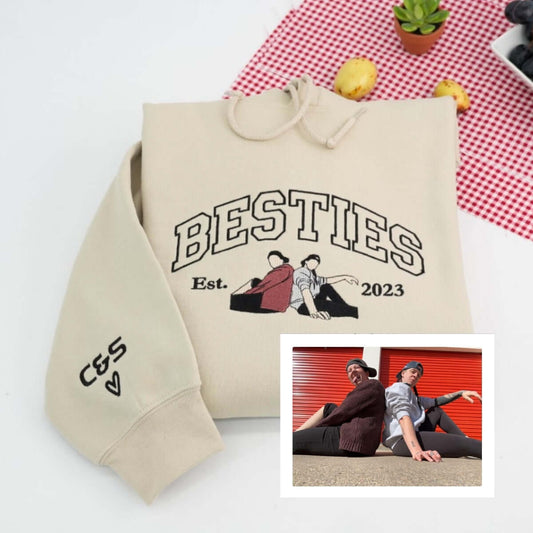 Custom Best Friends Portrait Sweatshirt - Besties Embroidered Varsity Hoodie - Duo Friendship Gift EST Date