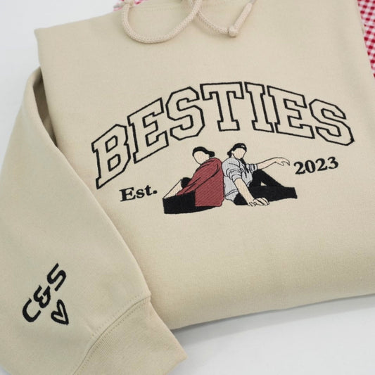 Custom Best Friends Portrait Sweatshirt - Besties Embroidered Varsity Hoodie - Duo Friendship Gift EST Date