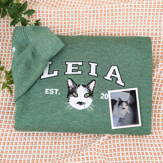 Custom Cat Portrait Varsity Hoodies - Personalized Pet Name Embroidered Sweatshirts - Cat Lover Gift
