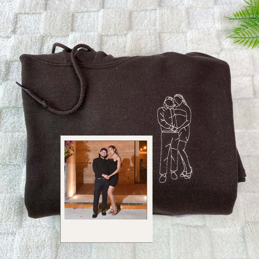 Custom Couple Portrait Hoodies - Photo to Line Art Embroidery - Personalized Matching Relationship Gift