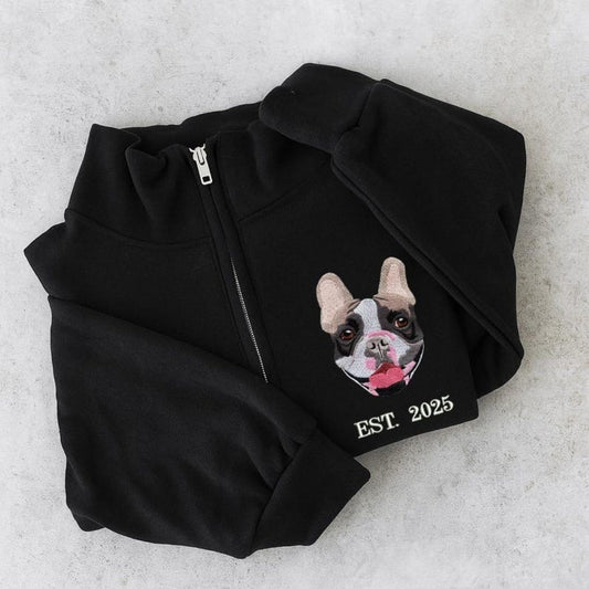 Custom Dog Portrait Quarter Zip with EST Date - Pet Adoption Embroidered - Gotcha Day Memorial Gift