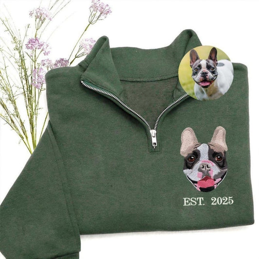 Custom Dog Portrait Quarter Zip with EST Date - Pet Adoption Embroidered - Gotcha Day Memorial Gift