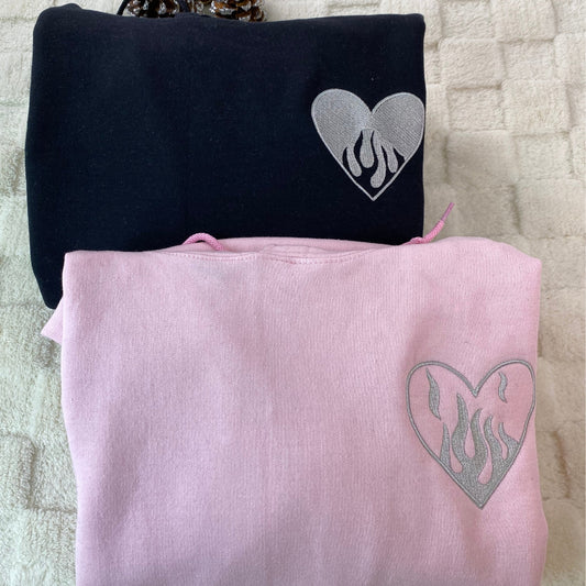 Custom Embroidered Fire Heart Matching Hoodies for Couples