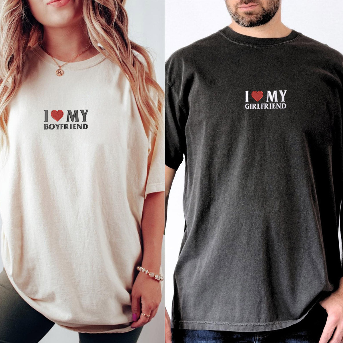 Custom Embroidered I Love My Girlfriend, Boy Friend Matching T-shirts for Couples
