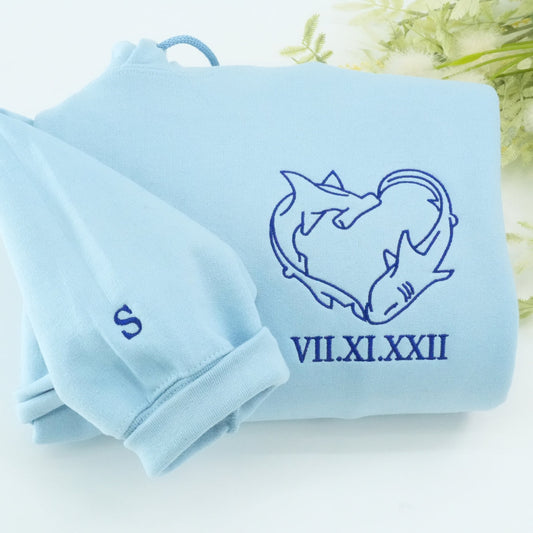 Custom Embroidered Shark Love Roman Numeral Matching Hoodies for Couples