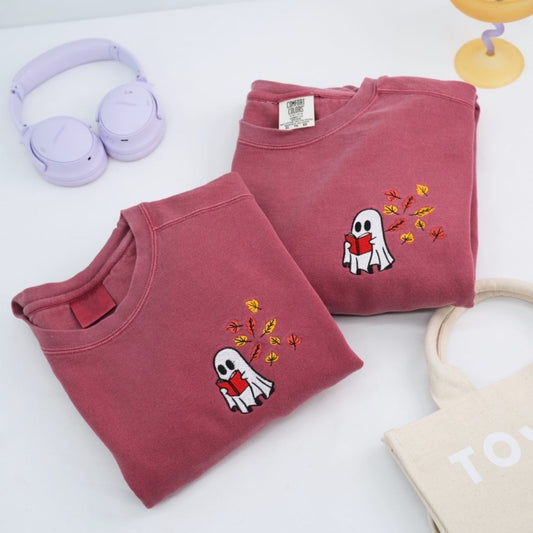 Custom Ghost Reading Book Sweatshirts - Bookish Halloween Embroidered Apparel - Perfect Book Lover Gift