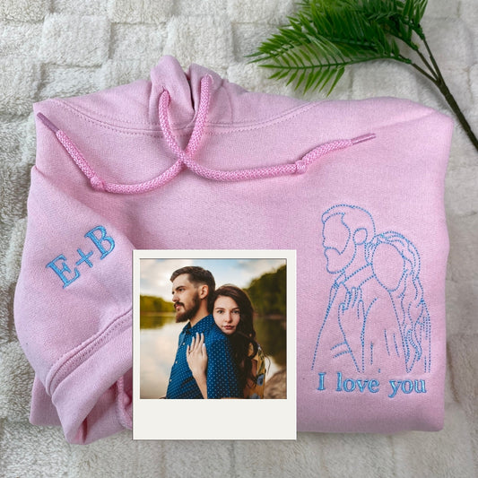 Custom Line Art Couple Hoodies - Minimalist Portrait Embroidered Sweatshirts
