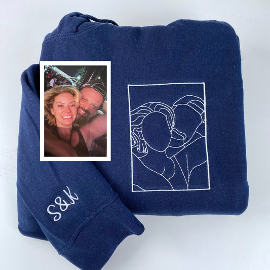 Custom Line Art Couple Hoodies - Personalized Portrait Embroidery with Initials - Romantic Anniversary Gift