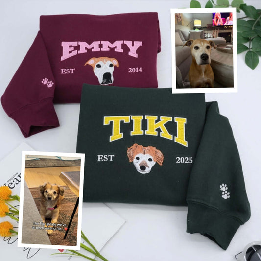 Custom Pet Name Sweatshirts - Dog Portrait Varsity EST Embroidered Shirts - Dog Lover Gift