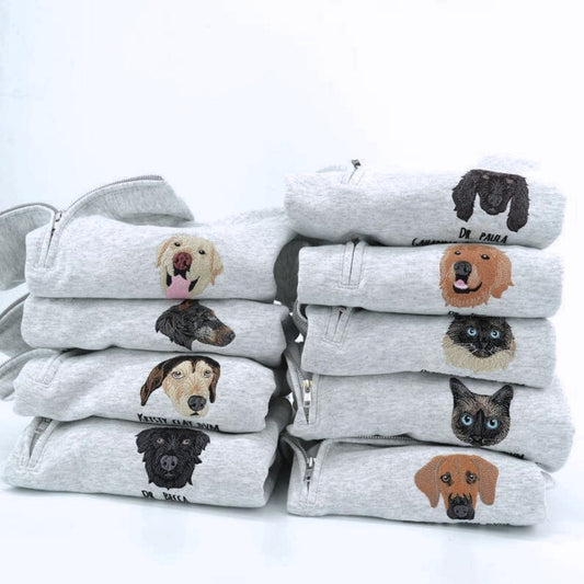 Custom Pet Portrait Quarter Zip - Cat Face Embroidered Pullover - Personalized Pet Memorial Gift
