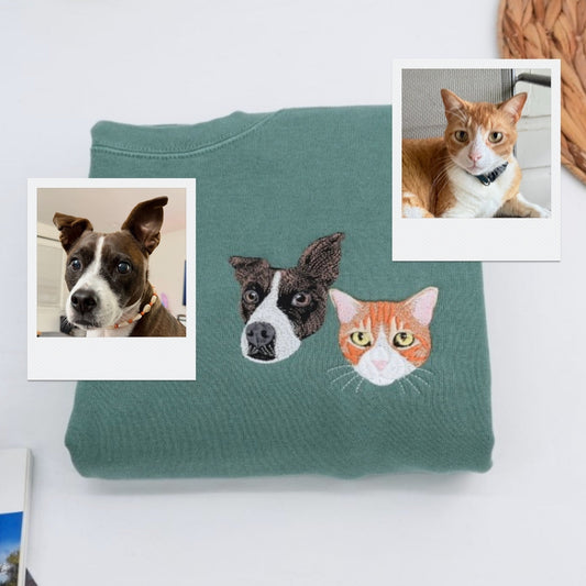 Custom Pet Portrait Sweatshirt with Names - Dog Cat Face Embroidered - Personalized Pet Parent Gift