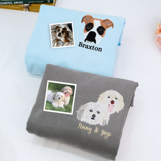 Custom Pet Portrait Sweatshirts - Dog Face Embroidered Shirts with Names - Dog Lover Gift