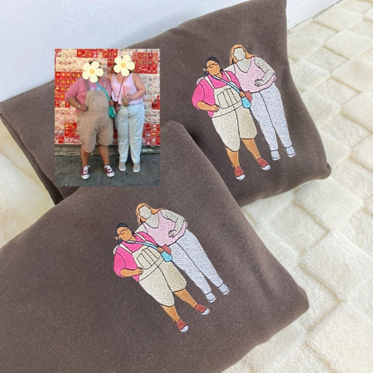 Custom Portrait Hoodie from Photo – Personalized Embroidered Sweatshirt for Best Friends, Sisters, or Couples