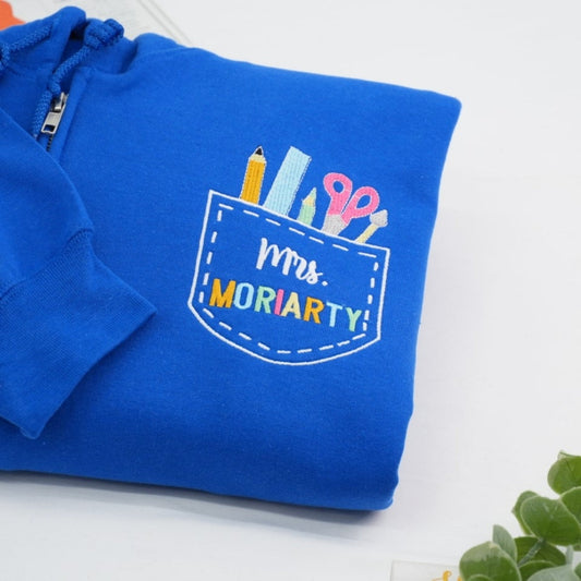 Custom Teacher Quarter Zip - Personalized School Supply Pocket Embroidered Sweatshirt - Perfect Teacher Gift