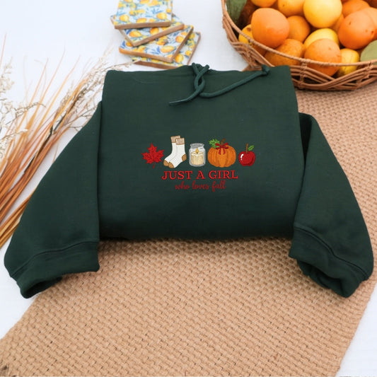 Fall Girl Hoodie - Just a Girl Who Loves Fall Embroidered Sweatshirt - Autumn Gift