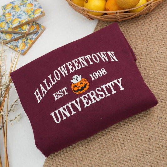 Fall Halloween Sweatshirt - University Campus Embroidered Hoodie - Pumpkin Ghost College Style Apparel