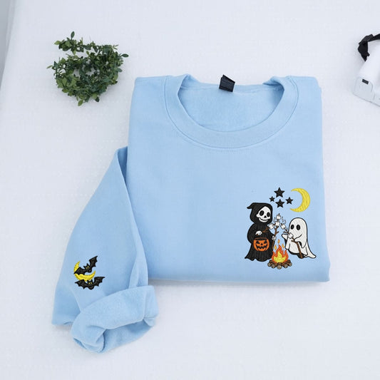 Halloween Campfire Custom Sweatshirts - Spooky Friends Embroidered Apparel - Perfect Halloween Gift