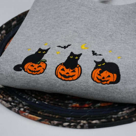 Halloween Cat Lover Hoodies - Black Cat Pumpkin Embroidered Sweatshirts - Perfect Pet Parent Gift