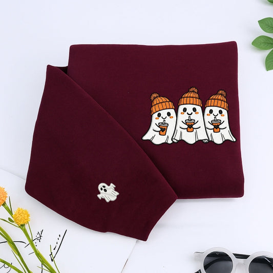 Halloween Coffee Ghost Hoodies - Cute Spooky Ghosts Coffee Lovers Embroidered Sweatshirts - Perfect Halloween Gift