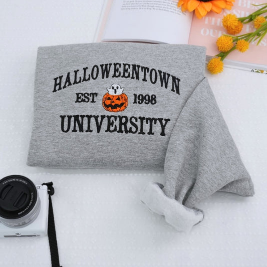 Halloween College Hoodie - Embroidered Pumpkin University Sweatshirt - Vintage Campus Halloween Apparel