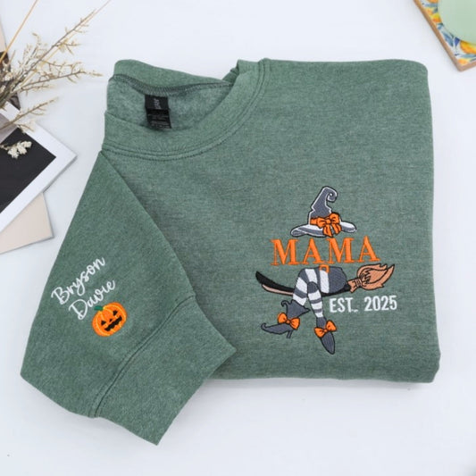 Halloween Mama Custom Hoodies - Witch Mom Embroidered Sweatshirts - Personalized Halloween Gift