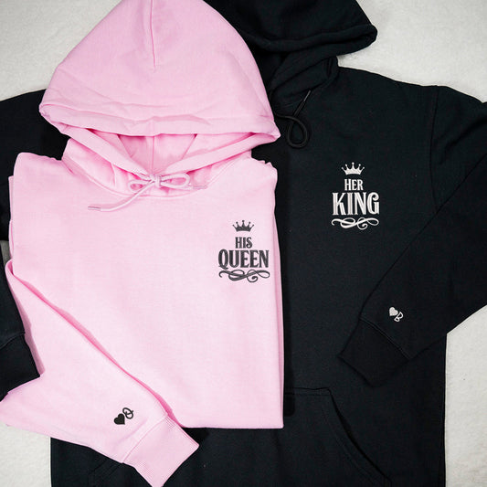 Her King x His Queen Custom Embroidered Matching Hoodies For Couples