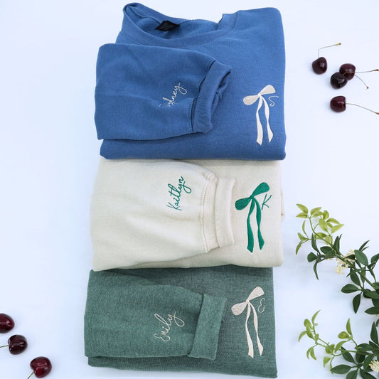 Custom Initial Coquette Bow Ribbon Bridal Party T-Shirt, Sweatshirt or Hoodie, Bridesmaid Proposal, Embroidered Bachelorette Gifts for Bride