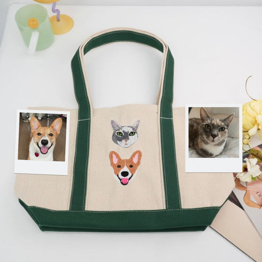 Mixed Pet Portrait Tote Bags - Dog Cat Face Embroidered Canvas Bag - Multi Pet Parent Gift