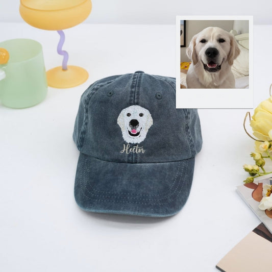 Personalized Dog Photo Embroidered Cap - Custom Pet Portrait Name Accessory - Dog Parent Lover Gift