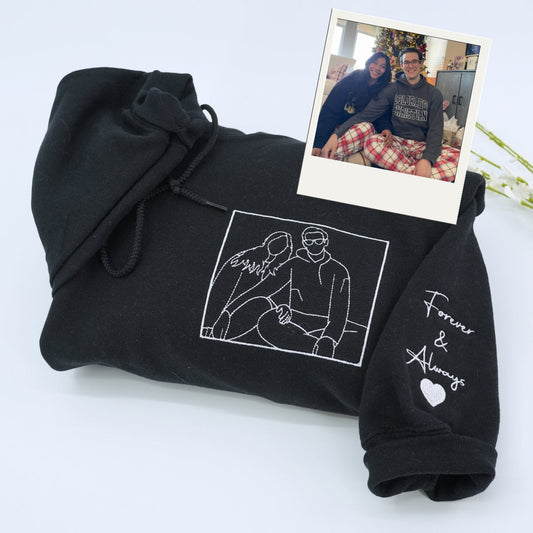 Personalized Photo Hoodies - Custom Couple Line Art Embroidery - Relationship Gift