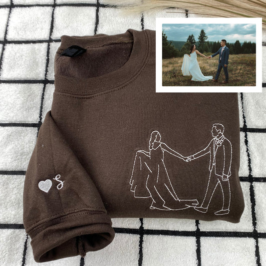 Personalized Picture Outline Embroidered Hoodie Sweatshirt, Portrait Photo Couple Outline Sweatshirt, Custom Line Art Photo Hoodie