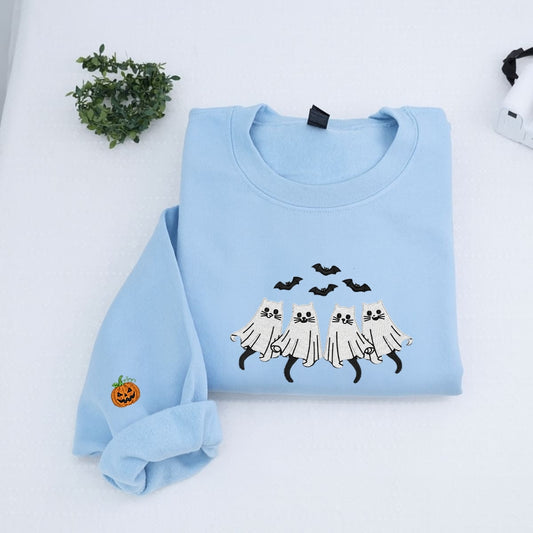 Spooky Cat Halloween Hoodie - Cat Ghost Embroidered Sweatshirt - Cat Parent Halloween Apparel