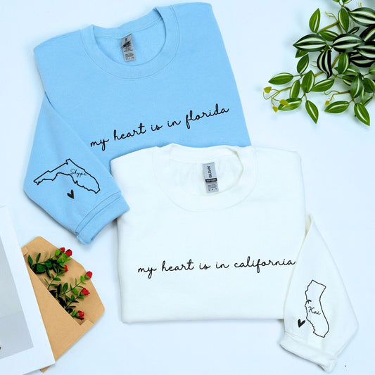 My Heart Is In Your State Sweatshirt or Hoodie with State Couple Map on Sleeve, Custom Embroidered for Long Distance Relationship Gift