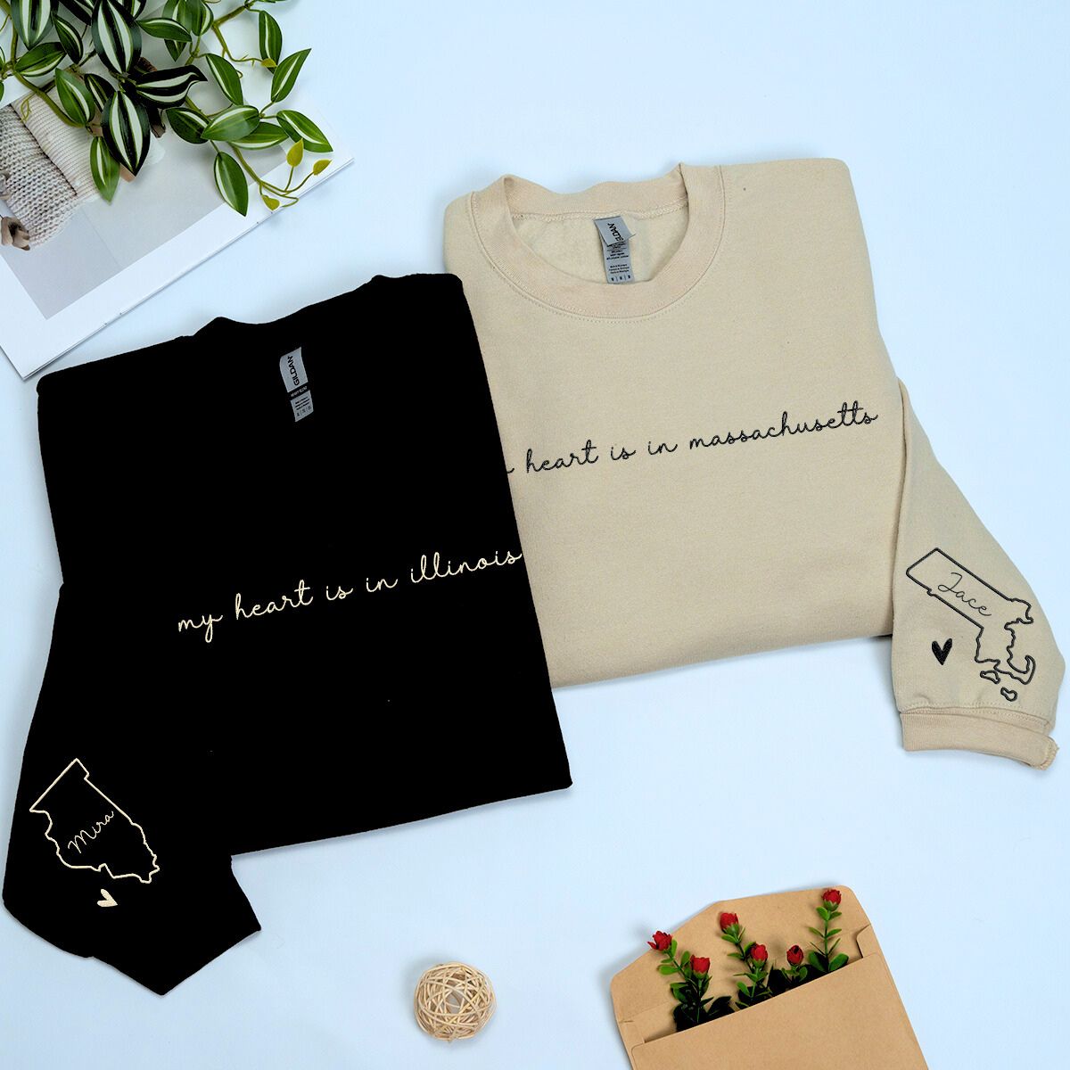 My Heart Is In Your State Sweatshirt or Hoodie with State Couple Map on Sleeve, Custom Embroidered for Long Distance Relationship Gift