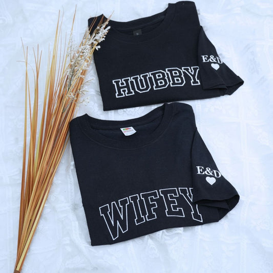 Custom Wifey and Hubby Shirt with EST Year, Embroidered Gift Newly Weds