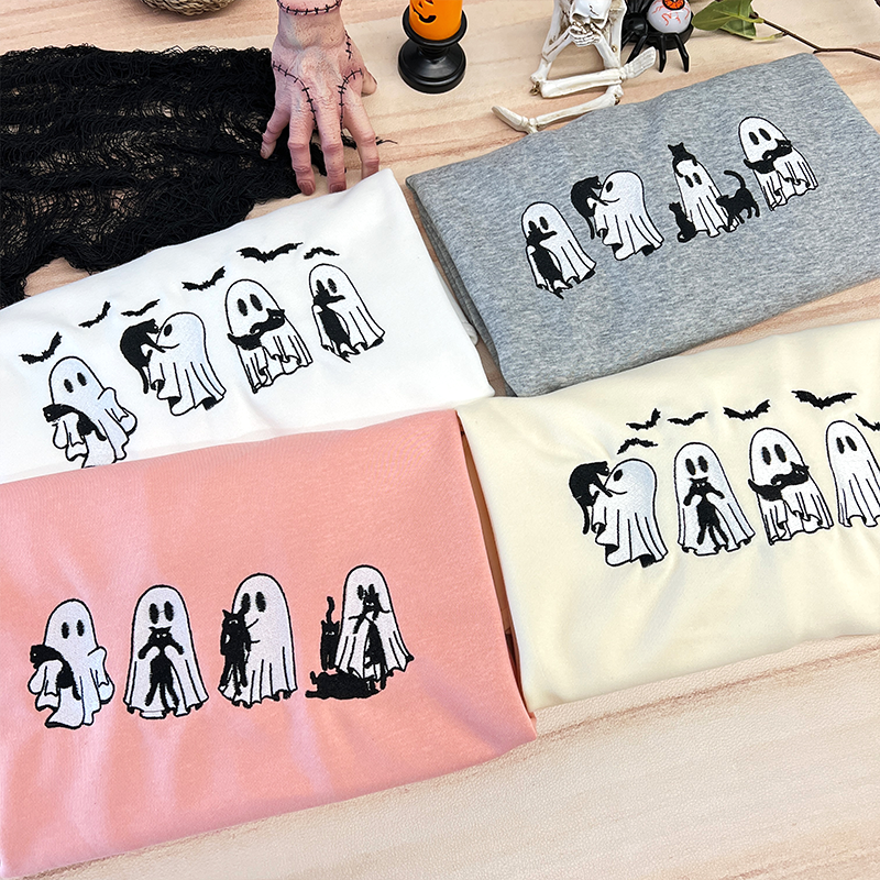 Embroidered Ghost Black Cats Embroidered Sweatshirt