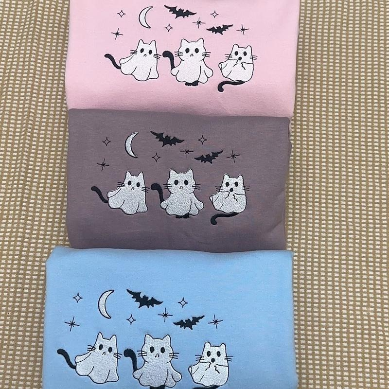 3 Ghost Cats Embroidered Halloween Sweatshirt