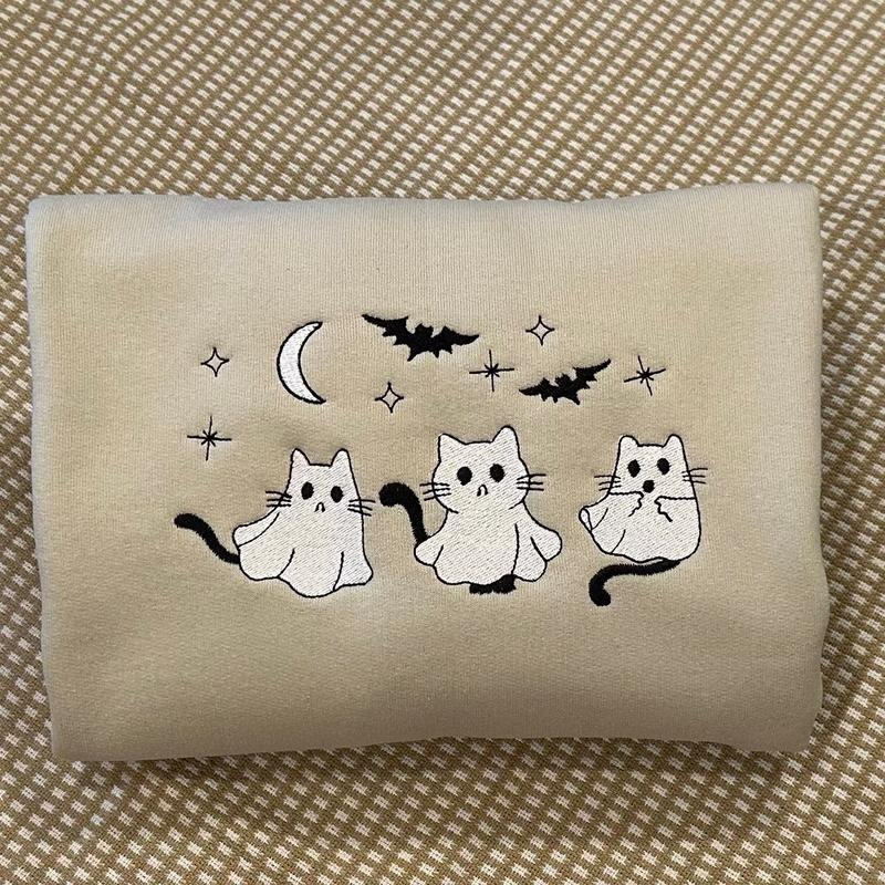 3 Ghost Cats Embroidered Halloween Sweatshirt