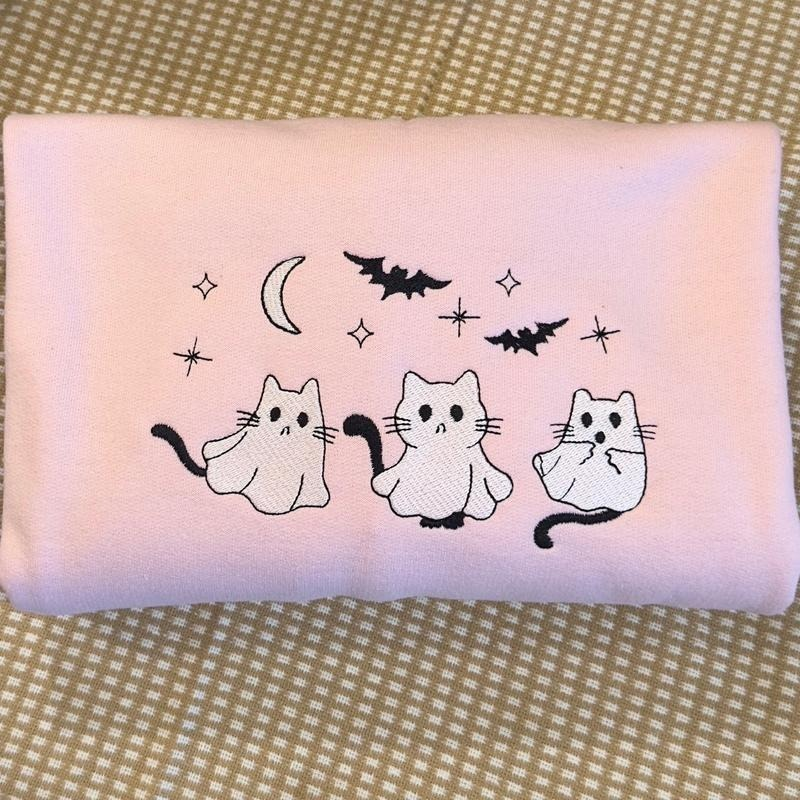3 Ghost Cats Embroidered Halloween Sweatshirt
