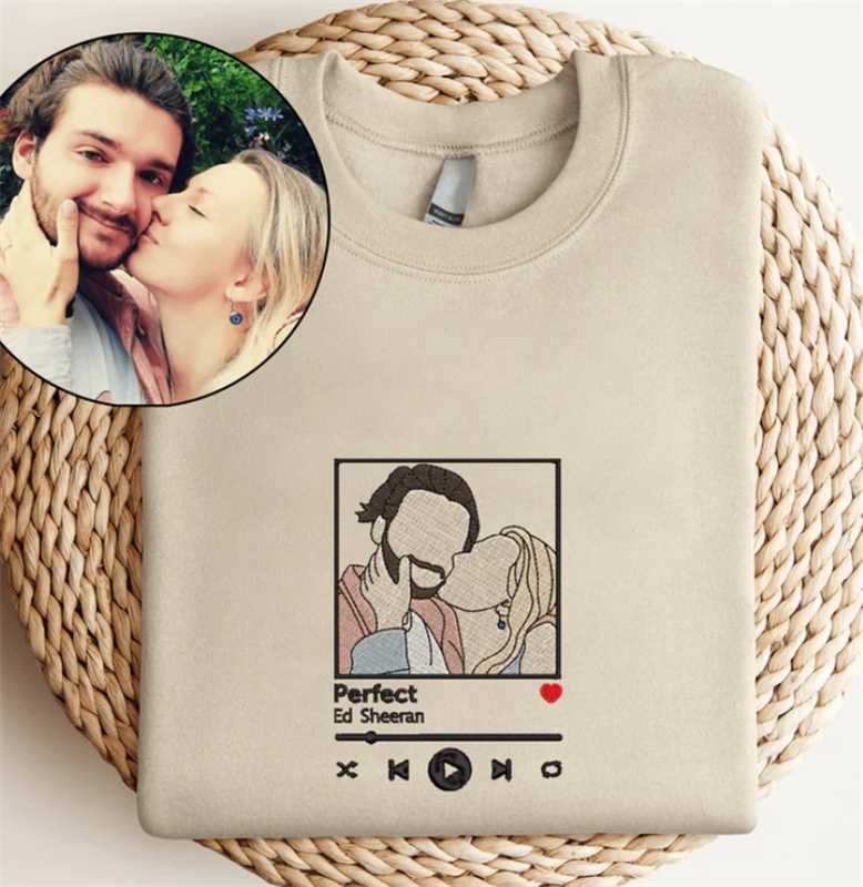 Custom Embroidered Sweatshirt Portrait Music Player Couple Valentine's Day Gift