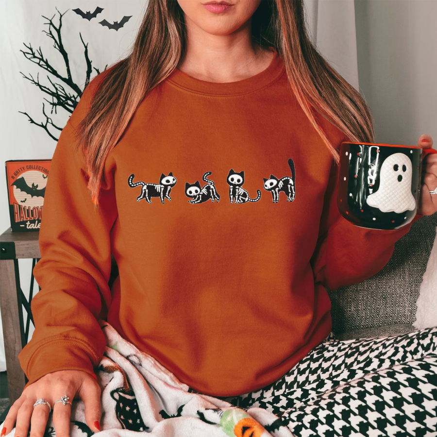 Skeleton Kitten Halloween Embroidered Sweatshirt